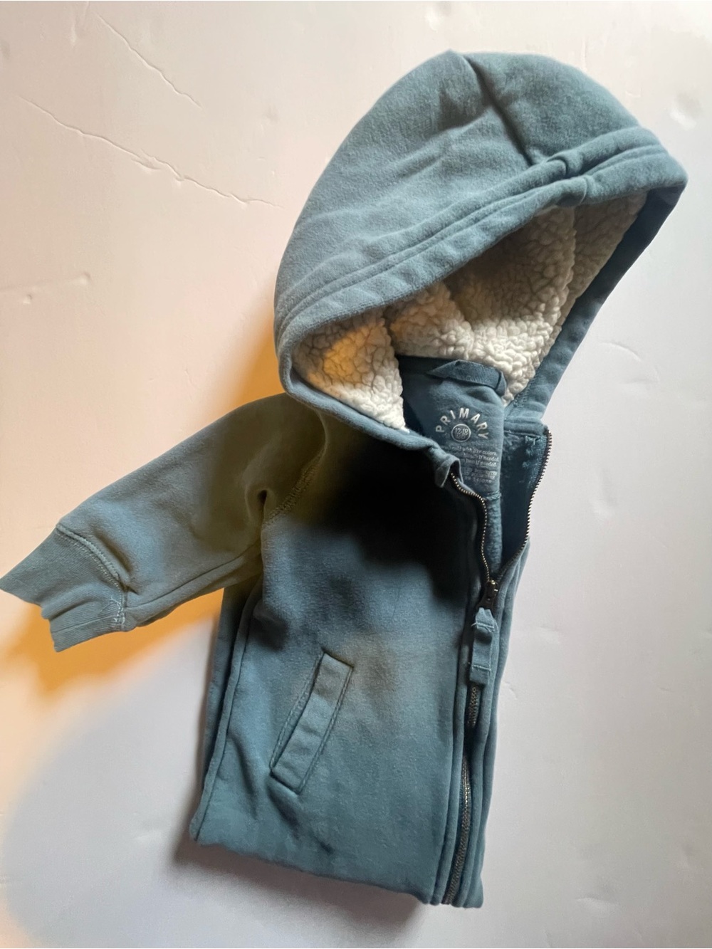 Primary.com Toddler Hooded Romper Jacket in Dusty Teal with Sherpa Lining